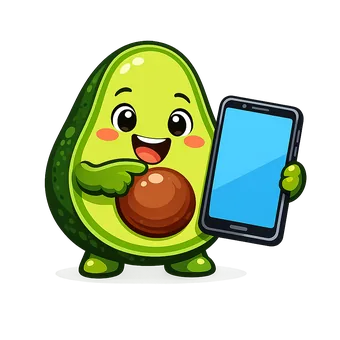 Mascota aguacate de ComiBot con un móvil